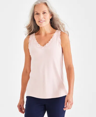 Style & Co Women's Lace-trim Cotton Tank Top, Created For Macy's In Peachy Pink