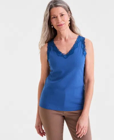 Style & Co Women's Lace-trim Cotton Tank Top, Exclusively At Macy's In Blue