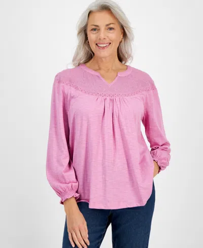 Style & Co Petite Mesh-trim Ruffled-cuff Top, Created For Macy's In Pink Rain