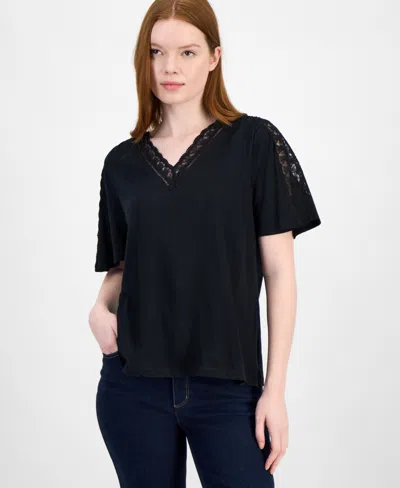Style & Co Women's Lace-trim V-neck Top, Exclusively At Macy's In Deep Black