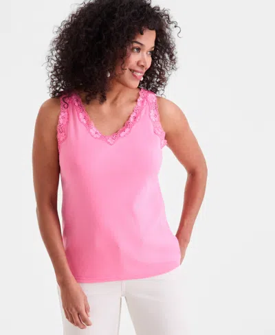 Style & Co Women's Lace-trim Cotton Tank Top, Exclusively At Macy's In Pink