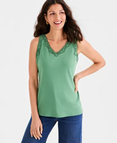 Style & Co Women's Lace-trim Cotton Tank Top, Exclusively At Macy's In Green