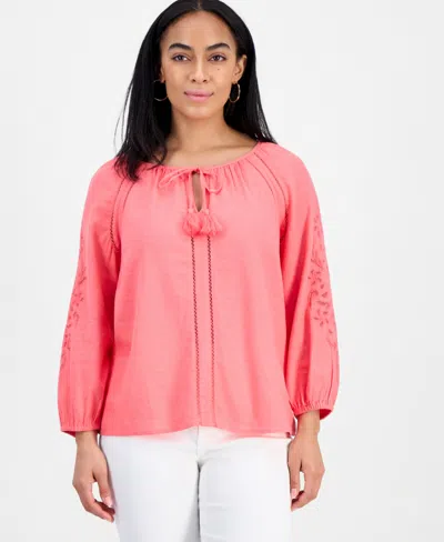 Style & Co Women's Linen Blend Embroidery Top, Macy's Exclusive In Pink