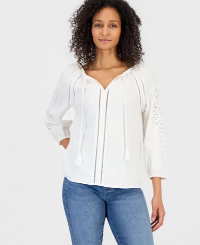 Style & Co Women's Linen Blend Embroidery Top, Macy's Exclusive In Neutral