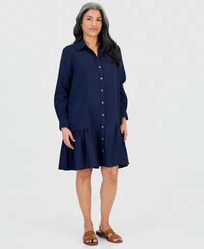 Style & Co Women's Linen Blend Peplum Shirtdress, Macy's Exclusive In Blue
