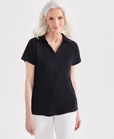 Style & Co Women's Linen Blend Polo Short-sleeve Top, Created For Macy's In Deep Black