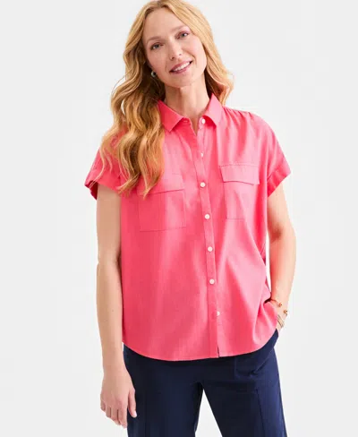 Style & Co Women's Linen Blend Short Sleeve Button-front Shirt, Macy's Exclusive In Pink