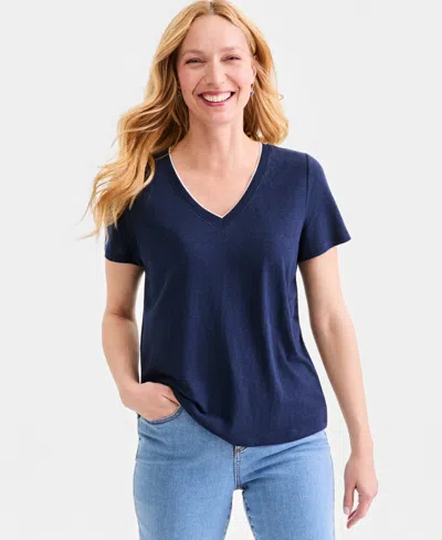 Style & Co Women's Linen Blend V-neck Short-sleeve Top, Macy's Exclusive In Blue