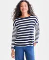 Style & Co Women's Long Sleeve Button-trim Striped Knit Top, Macy's Exclusive In Blue