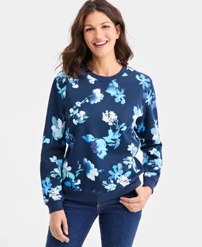 Style & Co Women's Long-sleeve Crewneck Sweatshirt, Created For Macy's In Blue