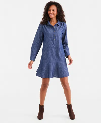 Style & Co Women's Long-sleeve Peplum Cotton Shirt Dress, Macy's Exclusive In Blue