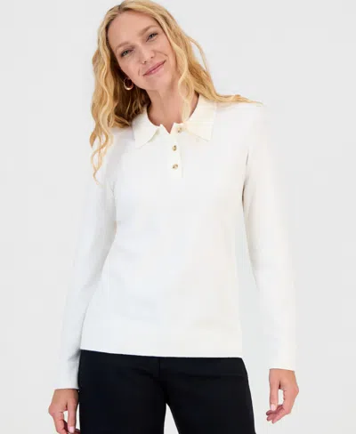 Style & Co Women's Long-sleeve Polo Sweater, Macy's Exclusive In White
