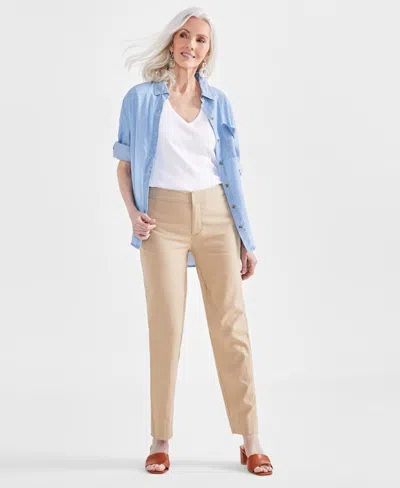 Style & Co Women's Mid-rise Linen Blend Ankle-length Pants, Created For Macy's In Khaki
