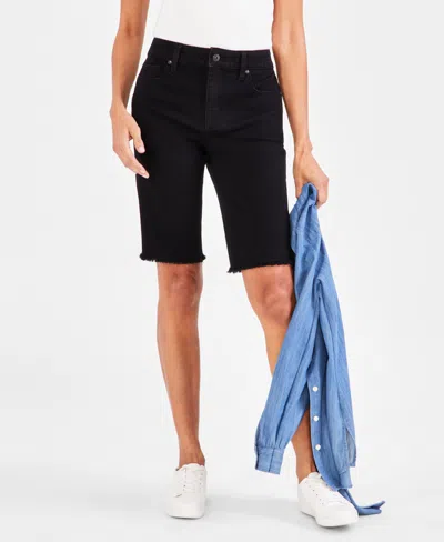 Style & Co Petite Mid Rise Raw-edge Denim Bermuda Shorts, Created For Macy's In Deep Black