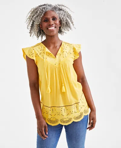 Style & Co Women's Mixed-media Lace-trimmed Top, Created For Macy's In Cornmeal Ylw