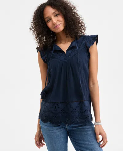 Style & Co Women's Mixed-media Lace-trimmed Top, Created For Macy's In Industrial Blue