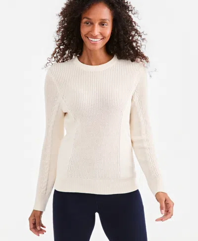 Style & Co Women's Mixed Rib Cable-knit Cotton Crewneck Pullover, Macy's Exclusive In Palomino