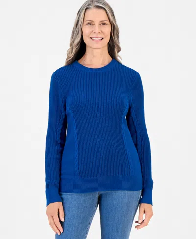 Style & Co Women's Mixed Rib Cable-knit Cotton Crewneck Pullover, Macy's Exclusive In Twilight Waters