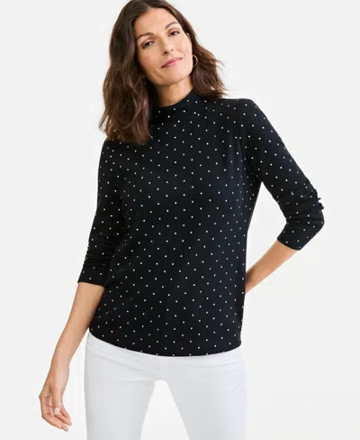 Style & Co Women's Mock Micro Polka Long Sleeve T-shirt, Macy's Exclusive In Deep Black