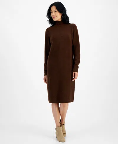 Style & Co Petite Mock Neck Side-ribbed Sweater Dress, Created For Macy's In Grand Brown
