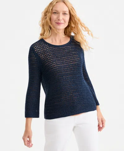 Style & Co Women's Open-stitch 3/4-sleeve Sweater, Macy's Exclusive In Blue