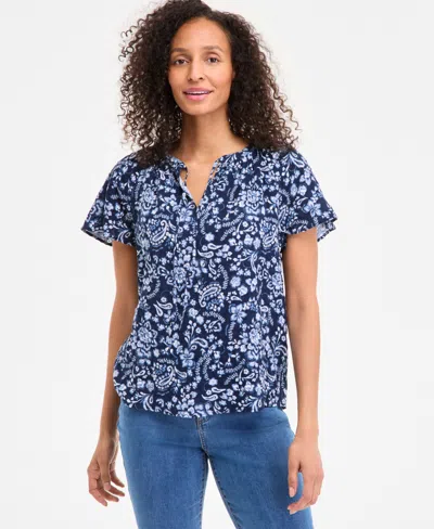 Style & Co Women's Paisley-print Flutter-sleeve Top, Exclusively At Macy's In Blue