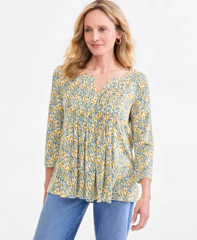 Style & Co Women's Patterson Flora Floral 3/4 Sleeve Pintuck Blouse, Macy's Exclusive In Sweet Mandarin