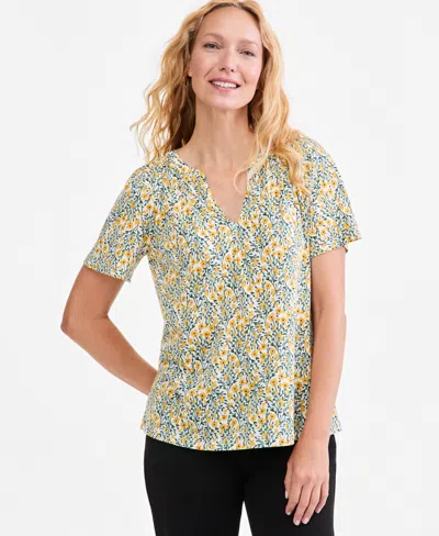 Style & Co Women's Patterson Flora Short-sleeve Split-neck Floral Blouse, Macy's Exclusive In Sweet Mandarin