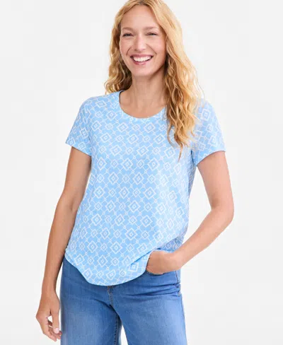 Style & Co Women's Perf Ss Laurel Tile Short-sleeve Geometric Cotton-blend T-shirt, Macy's Exclusive In Blue