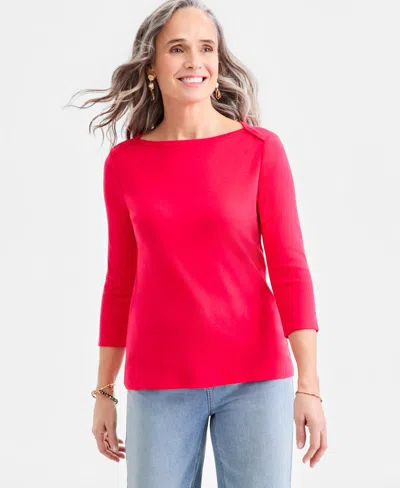 Style & Co Women's Petite Pima Cotton 3/4-sleeve Boat-neck Top, Created For Macy's In Red