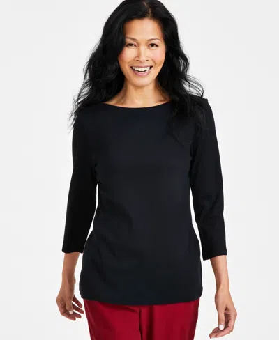 STYLE & CO WOMEN'S PETITE PIMA COTTON 3/4-SLEEVE BOAT-NECK TOP, CREATED FOR MACY'S