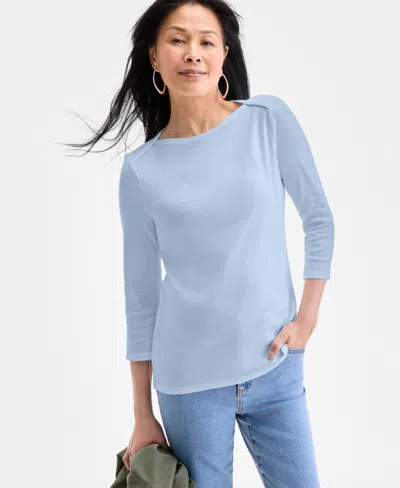 Style & Co Women's Petite Pima Cotton 3/4-sleeve Boat-neck Top, Created For Macy's In Blue
