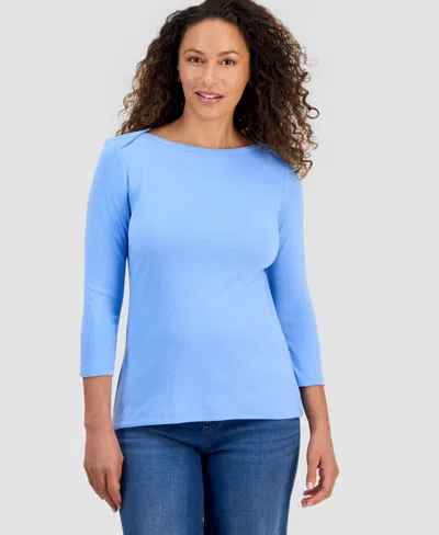Style & Co Women's Petite Pima Cotton 3/4-sleeve Boat-neck Top, Created For Macy's In Blue