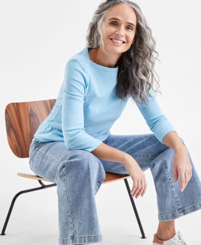 Style & Co Women's Petite Pima Cotton 3/4-sleeve Boat-neck Top, Created For Macy's In Blue