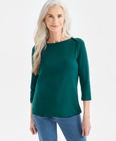 Style & Co Women's Petite Pima Cotton 3/4-sleeve Boat-neck Top, Created For Macy's In Green