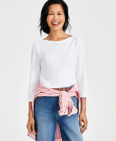 Style & Co Women's Petite Pima Cotton 3/4-sleeve Boat-neck Top, Created For Macy's In White