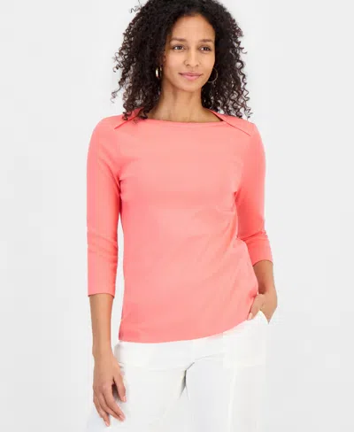 Style & Co Women's Petite Pima Cotton 3/4-sleeve Boat-neck Top, Created For Macy's In Pink