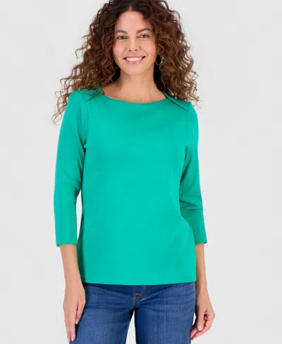 Style & Co Women's Petite Pima Cotton 3/4-sleeve Boat-neck Top, Created For Macy's In Green