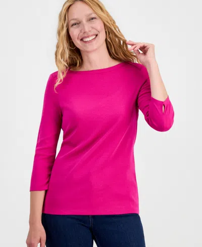Style & Co Women's Petite Pima Cotton 3/4-sleeve Boat-neck Top, Created For Macy's In Multi