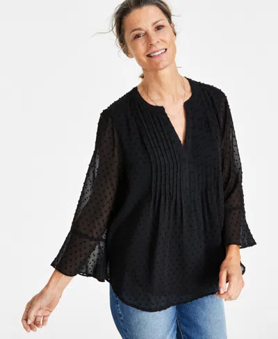 Style & Co Women's Petite Textured Pintuck Ruffle Sleeve Top, Created For Macy's In Black