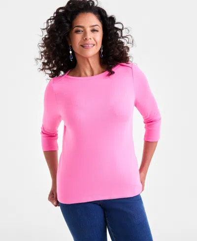 Style & Co Women's Pima Cotton 3/4-sleeve Boat-neck Top, Regular & Petite, Created For Macy's In Pink