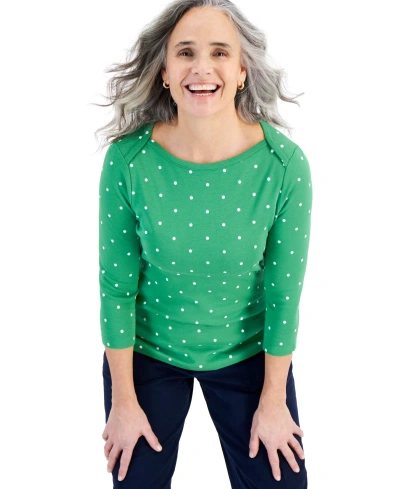 Style & Co Women's Pima Cotton Boat-neck 3/4-sleeve Top, Created For Macy's In Green Dot