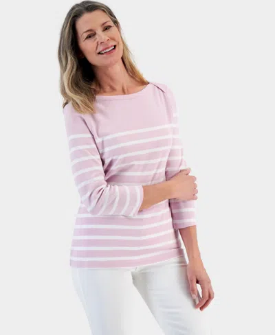 Style & Co Women's Pima Cotton Striped 3/4-sleeve Top, Created For Macy's In Nauticl Lil Flr
