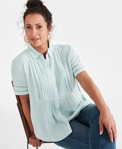 Style & Co Women's Pintuck Short-sleeve Button-front Shirt, Created For Macy's In Harbor Gray