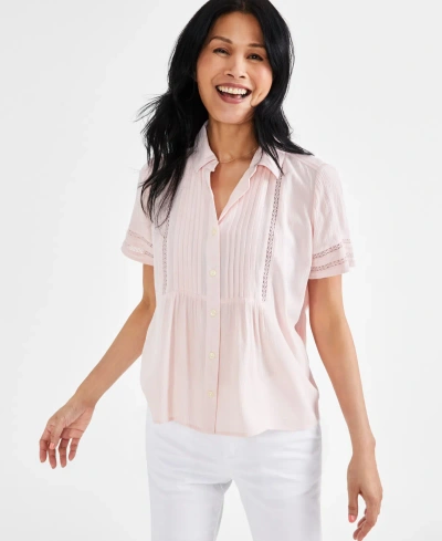 Style & Co Women's Pintuck Short-sleeve Button-front Shirt, Created For Macy's In Lotus Pink