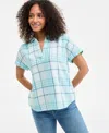 Style & Co Women's Plaid Cotton Gauze Camp Shirt, Exclusively At Macy's In Plaid Aqua