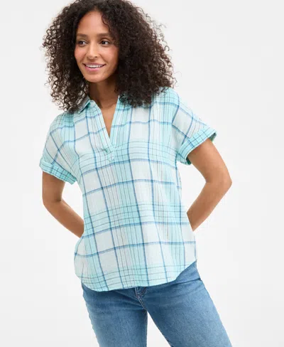 Style & Co Women's Plaid Cotton Gauze Camp Shirt, Exclusively At Macy's In Plaid Aqua