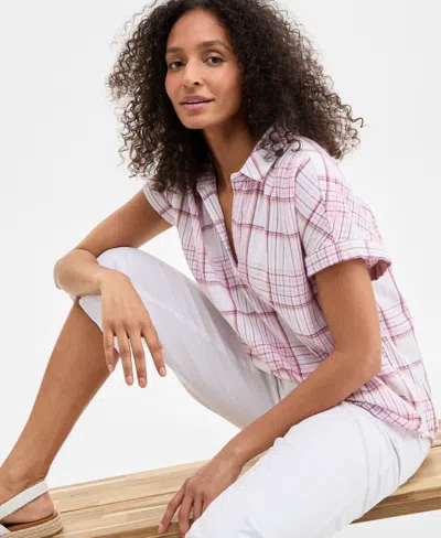 Style & Co Women's Plaid Cotton Gauze Camp Shirt, Exclusively At Macy's In Plaid Pink