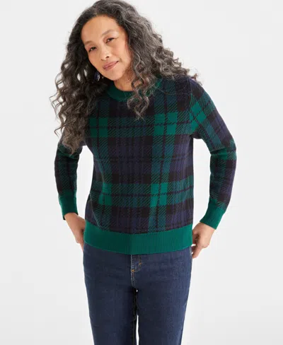 Style & Co Petite Collie Plaid Whimsy Pullover Sweater, Created For Macy's In Green Plaid