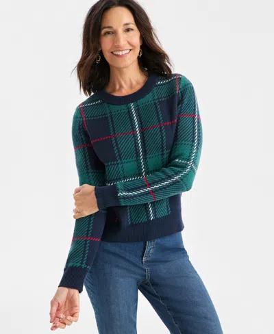 Style & Co Women's Plaid Crewneck Whimsy Pullover Sweater, Macy's Exclusive In Green